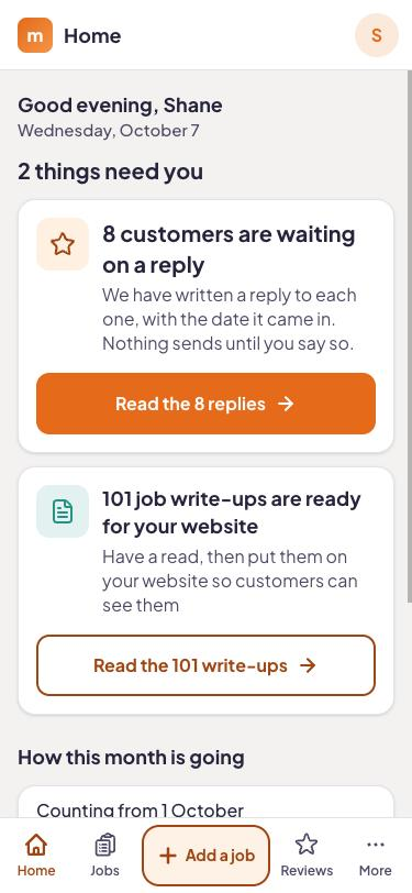 The getmitch home screen showing review replies written and waiting for the owner's OK