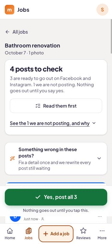 A finished job in the getmitch app with three posts written and a button to post them