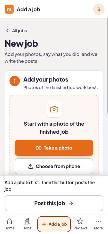 The new job screen in the getmitch app: add photos, say what you did