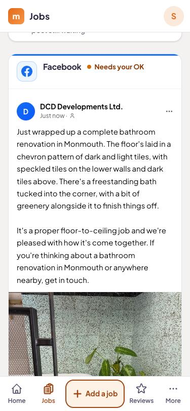 A Facebook post getmitch wrote about a bathroom renovation in Monmouth, waiting for the owner's OK